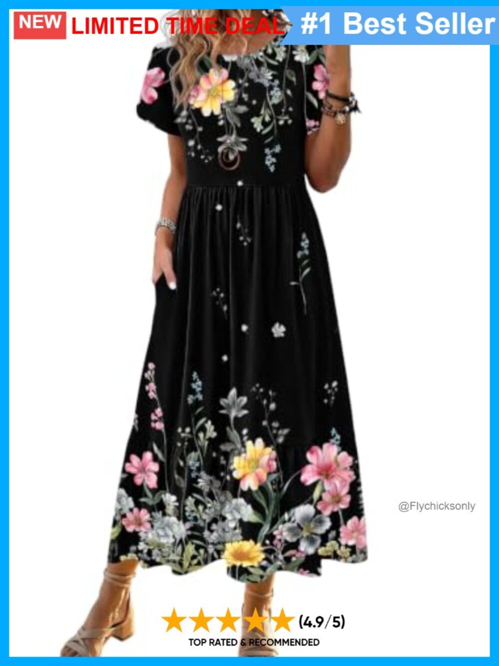 Women's Midi A-Line Dress Short Sleeve Tiered Flowy Sundress with Pockets